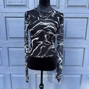 Black/White‎ Marble Print Sheer Long Sleeve Top Size Medium!
